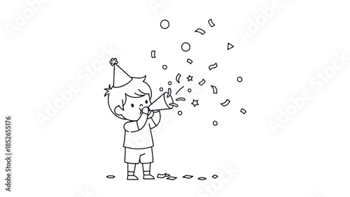 Joyful child in party hat blows a horn, scattering confetti