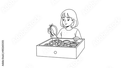 Young child happily counting coins from a treasure chest, learning about savings