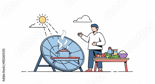 Solar cooker illustration with a person cooking food outdoors on a sunny day.