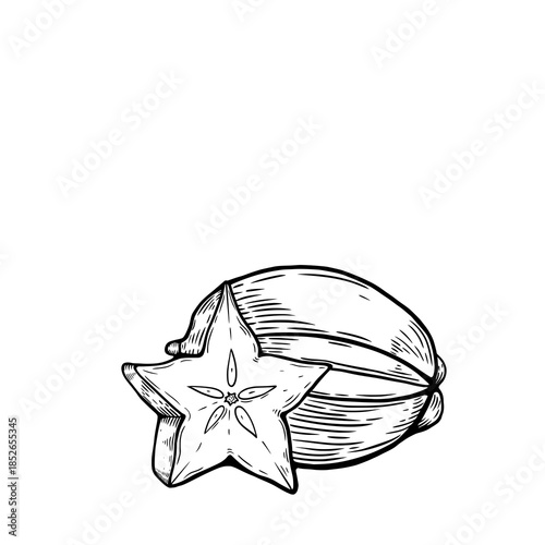 Star fruit and nut placed together on a plain background in a simple setting during daylight hours