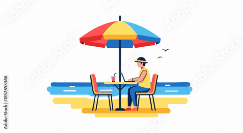 Person working on laptop under umbrella at beach cafe.
