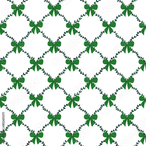 Pattern with green bows and leaves on white background for decoration or design projects
