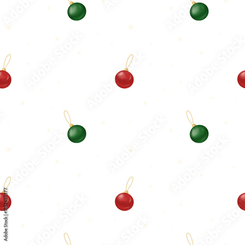 Pattern of red and green ornaments on a pink background with stars during the holiday season