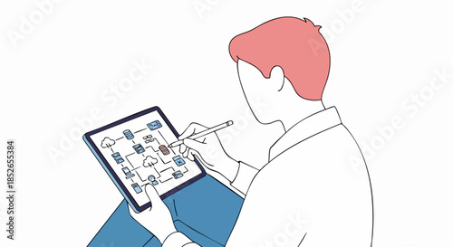 Person using a digital tablet and stylus to interact with a complex diagram.