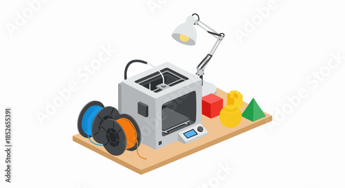 3D Printer and Filament Spools with Geometric Shapes and Lamp.