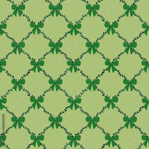Pattern of green bows and leaves on a light green background suitable for various craft projects