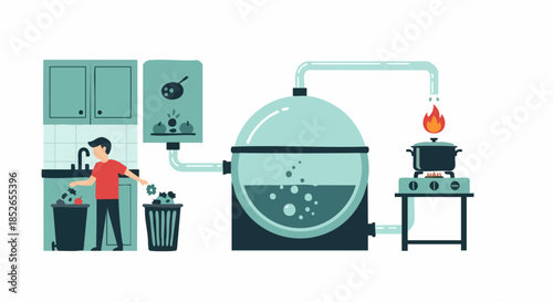 Kitchen Scene with Man, Sink, and Elaborate Cooking Setup.