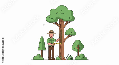 Forester measuring a large tree in the forest.