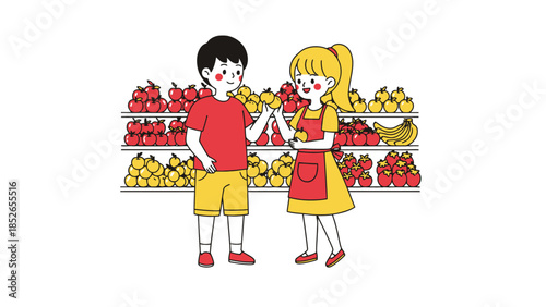 Children choosing fresh fruit from supermarket shelves, healthy eating concept