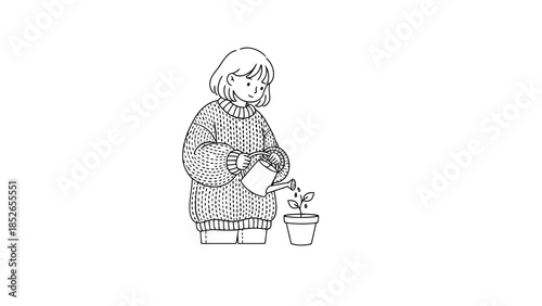 Young person tending to a small plant in a pot with a watering can, simple line art style