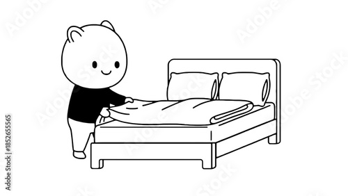 Cute cartoon bear making a tidy bed with fresh white linens