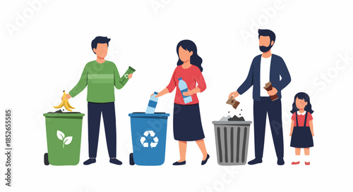 People recycling waste in different colored bins for environmental protection.