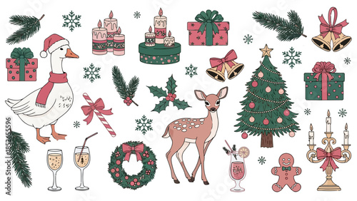 Collection of vintage hand drawn christmas holiday icons isolated on white background