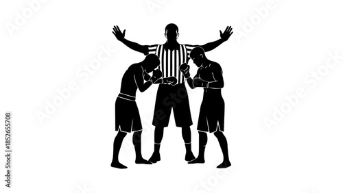 Boxing match with referee separating fighters in black silhouette