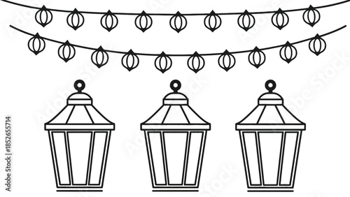 Elegant lanterns with festive string lights on white