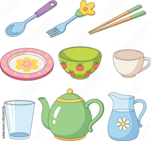 Cute colorful kitchen utensils and tableware illustration set with spoon fork chopsticks plates bowls cups teapot pitcher vector design