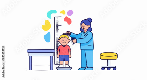 Doctor measuring height of a young boy during medical checkup.