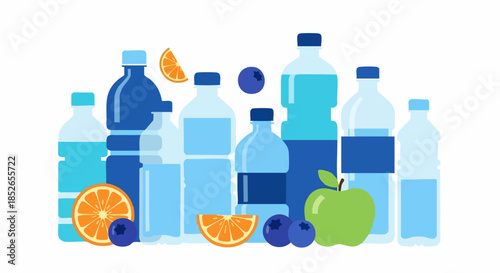 Assortment of water bottles and fresh fruits for healthy hydration.