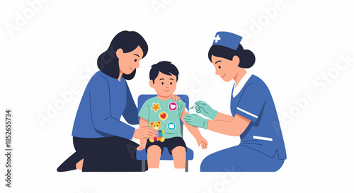 Child receiving vaccination from nurse with mothers support.