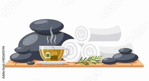 Relaxing Spa Treatment Setup with Hot Stones and Herbal Tea for Wellness.