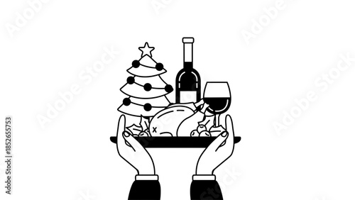 Holiday feast served on tray with wine and tree