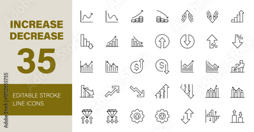 Collection of 35 Increase and Decrease Icons Representing Trends Growth and Decline in Charts Graphs and Financial Markets for Business and Data Analysis Vector Illustration