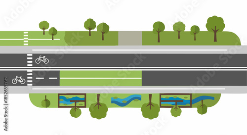 Bike path design with green spaces and water features.