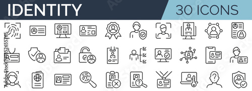 Collection of 30 Identity Line Icons Depicting Verification Biometrics and Access Control Elements in Detailed Outline Style on White Exactly 200 Characters