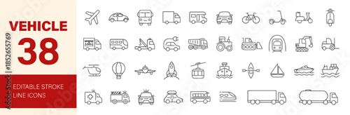 Collection of 38 Vehicle Line Icons Editable Stroke Design Featuring Airplane Car Bus Truck Bicycle Scooter Motorcycle Helicopter Ship and Train