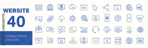 Collection of 40 Website Line Icons Editable Stroke Design Featuring Browser Globe Cloud Error Mouse Pointer Share Download Gear Mobile Ui and Speed Test