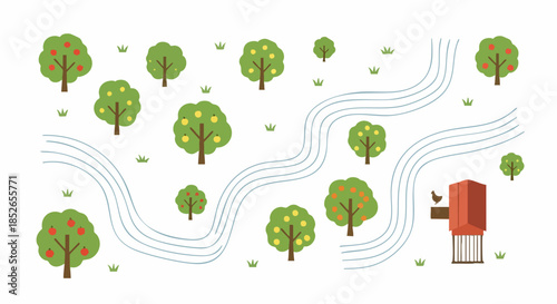 Orchard with Fruit Trees and Birdhouse Illustration.