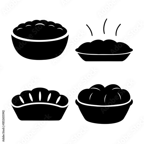 Cozy hot meals in bowls, a simple vector icon collection.