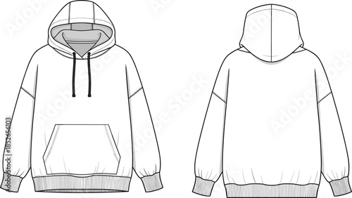 Minimal hoodie technical drawing, front back views, apparel fashion outline vector illustration for clothing design template mockup schematic