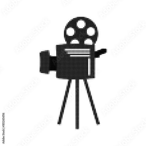 Vintage movie camera on tripod in black and white halftone style. Retro cinema and filmmaking equipment illustration isolated on white background for film, media or design use.