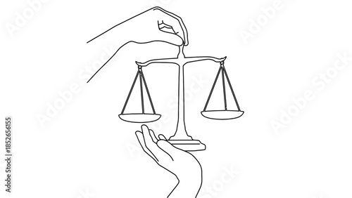 Justice scale held by two hands in a simple line drawing
