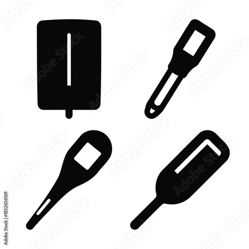 Healthcare icons featuring thermometers and sanitizer dispenser.