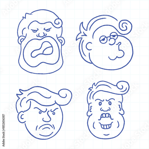Set of people avatar vector illustration line art in various emotions