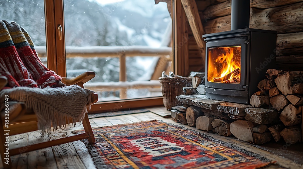 Obraz premium Cozy log cabin interior with warm wood-burning stove, stacked firewood, and window view of a snowy winter mountain landscape.