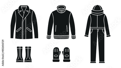 Winter clothing set with coat, sweater, boots, gloves