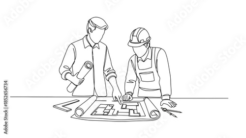 Two construction workers reviewing blueprints together