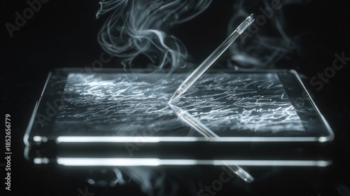 Stylus pen writing on tablet screen with vapor effect in a dark environment