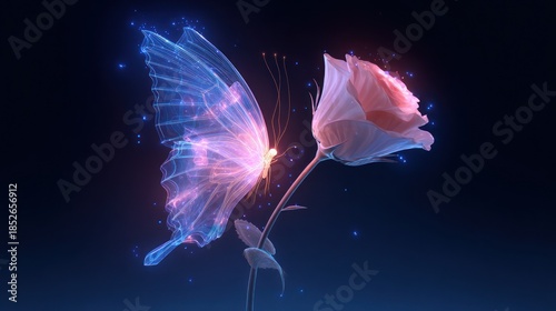 Glowing butterfly and rose illustration against dark background with copy space