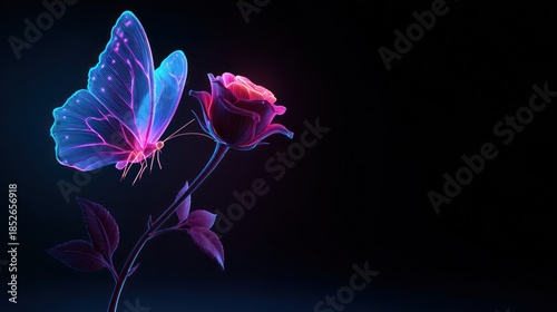 Glowing butterfly perched on a rose with neon accents on a dark background