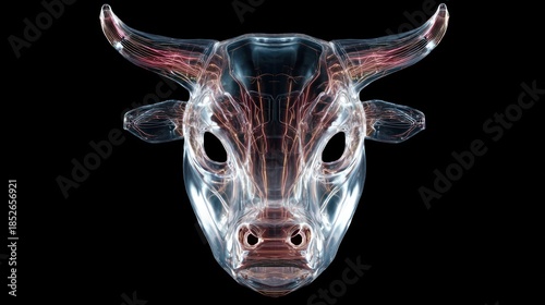 Transparent bull head depiction on black background symbolic design render