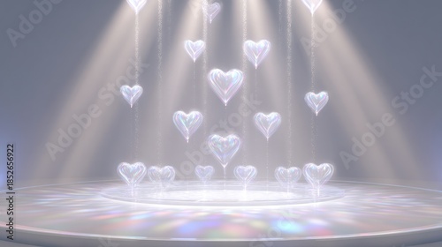 Floating heart balloons illuminated on a stage with light beams and color effects