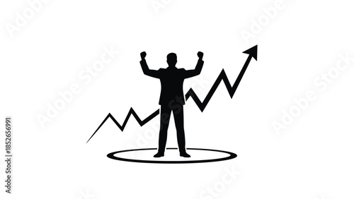 Confident businessman celebrating success with rising graph