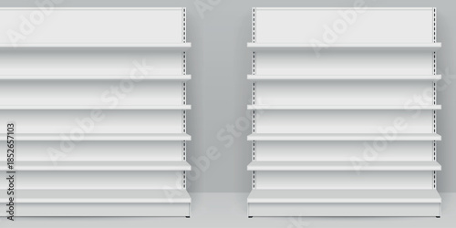 White empty store shelves. Retail shelf rack. Showcase display. Vector illustration. Realistic 3d vector illustration.
