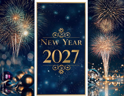 Sylwestrowe tło z bombkami, fajerwerkami i napisem nowy rok 2027