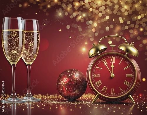 Sylwestrowe, czerwono-złote tło z szampanem, bombkami, kieliszkami, fajerwerkami i zegarem wskazującym północ