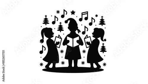 Three girls singing Christmas carols with festive decorations